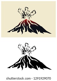 Stylized illustration of a erupting volcano with black clouds of smoke
