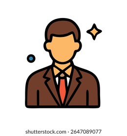 A stylized illustration of a faceless man wearing a brown suit and red tie, accompanied by small decorative elements.