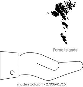 A stylized illustration of the Faroe Islands map presented within an open hand, symbolizing support or offering.