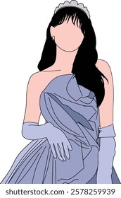 Stylized illustration of a fashionable woman in a luxurious gown and gloves, exuding elegance and sophistication. The minimalist representation emphasizes graceful attire and timeless beauty