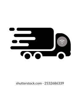 Stylized illustration of a fast-moving delivery truck with a Wi-Fi symbol, representing modern logistics and smart transportation. Perfect for projects related to efficient delivery services, cutting-