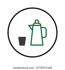 Eine stilisierte Illustration zeigt einen Getränkeautomaten mit einem sauberen, umrissenen Design in Grün innerhalb eines schwarzen Kreises. Daneben ist ein kleines Glas, dieses Symbol bietet eine einfache und dennoch moderne visuelle