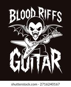 A stylized illustration features a cartoon vampire creature with fangs and bat wings, energetically playing a white electric V-shaped guitar. The text 'BLOOD RIFFS' and 'GUITAR' in a jagged, grunge font frame the musical character against a dark background, evoking a rock and gothic theme.