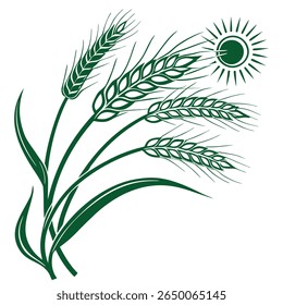 A stylized illustration features green wheat stalks and a sun, set against a clean white backdrop.