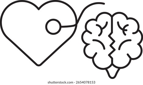 Uma ilustração estilizada apresenta coração conectado ao cérebro, simbolizando a conexão entre emoções e intelecto. O design é simples e impactante, usando linhas em negrito para transmitir o conceito