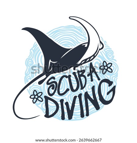 A stylized illustration features a manta ray above the words Scuba Diving against a background of blue waterlike swirls