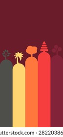 Stylized illustration features a series of abstract trees in various warm colors against a deep maroon backdrop