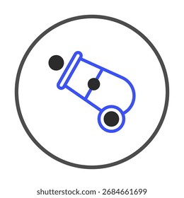 Una ilustración estilizada presenta un simple icono de cañón preparado para lanzar proyectiles. El diseño, con sus características redondeadas y colores azules y negros contrastantes, evoca una sensación de peligro y