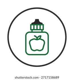 Uma ilustração estilizada apresenta um recipiente em forma quadrada com molho de maçã verde, fechado dentro de um círculo em negrito. Este gráfico simples, mas impressionante, enfatiza a alimentação saudável para as crianças,