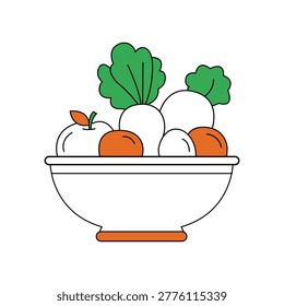 A stylized illustration features a white ceramic bowl with an orange rim filled with a vibrant assortment of fresh produce, including green leafy vegetables, white radishes, an orange, and an apple