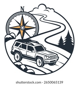 A stylized illustration featuring a car driving on a winding road, accompanied by a compass, trees, and clouds.