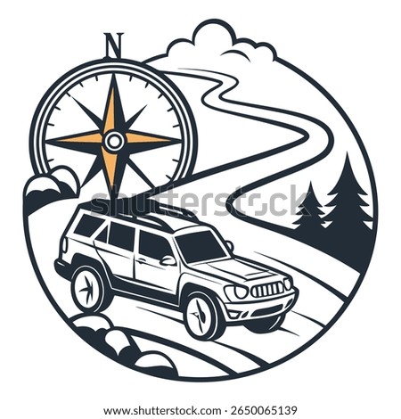 A stylized illustration featuring a car driving on a winding road, accompanied by a compass, trees, and clouds.