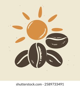 A stylized illustration featuring coffee beans arranged in a cluster with a bright sun above them.