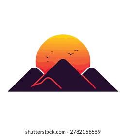 A stylized illustration featuring dark mountain silhouettes against a bright orange and yellow sun, with small birds in flight, evoking a serene natural scene.