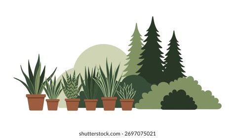Stylized illustration featuring a diverse array of potted green houseplants alongside a dense and verdant outdoor forest landscape.
