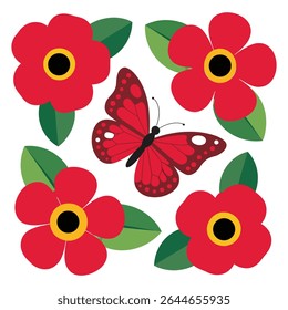 Stylized illustration featuring four red flowers with yellow centers and green leaves surrounding a central red butterfly with dark red markings. The style is simple and flat.