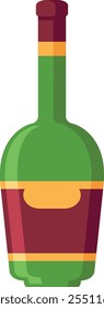 Stylized illustration featuring a green glass wine bottle with a prominent red label and a burgundy colored neck, creating a visually appealing representation of a classic wine bottle design