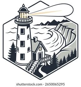 A stylized illustration featuring a lighthouse, house, and coastal landscape within a hexagon frame, with a mountain backdrop.