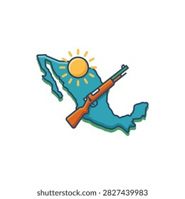 A stylized illustration featuring the map of Mexico with a rifle superimposed and a sun graphic.