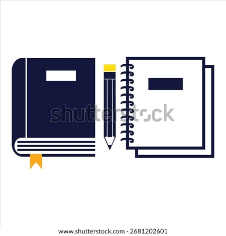 A stylized illustration featuring an open dark blue book with a bookmark and a spiral-bound white notebook, separated by a yellow and black pencil, all set against a clean white background, symbolizin
