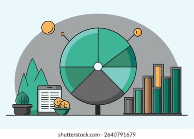 A stylized illustration featuring a pie chart, bar graph, smartphone, coins, and potted plant, representing business data and financial growth.