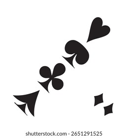 A stylized illustration featuring playing card suits—spades, clubs, hearts, and diamonds—arranged diagonally on a white background, evoking a sense of gaming and chance.
