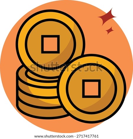 A stylized illustration featuring a stack of gold coins with a prominent coin on top and another beside it, set against a vibrant orange background with sparkles. The image conveys themes of wealth, prosperity, and financial success.
