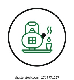Ilustração estilizada com um bule de chá com vapor ascendente e uma xícara de chá, sugerindo uma sensação de relaxamento e casa. O design de contorno verde evoca uma sensação de calor, convite e