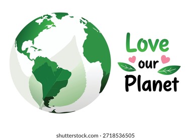 Una ilustración estilizada con el texto "Love our Planet" junto a un vibrante globo verde. El globo representa los continentes en una textura similar a una hoja, simbolizando la naturaleza y la salud ambiental. El mensaje se ve reforzado por los Pequeños corazones rosados y las hojas verdes que rodean el texto, que transmiten un fuerte tema de cuidado, conservación y amor por el medio ambiente. Este gráfico es perfecto para celebraciones del Día de la Tierra, campañas de sostenibilidad e iniciativas ecológicas.