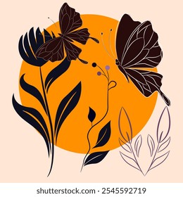 A stylized illustration featuring two dark butterflies fluttering amidst stylized flowers and leaves