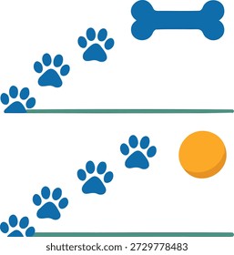 Ilustração estilizada com duas cenas horizontais: impressões de patas azuis cruzando linhas verdes e levando a um osso (superior) e uma bola (inferior). Este design vetorial limpo e lúdico representa o movimento do animal de estimação, o rastreamento de recompensas e o comportamento de treinamento - ideal para materiais educacionais, marcas de cuidados com animais de estimação, conteúdo infantil e uso editorial. Totalmente escalável e editável para plataformas de stock.