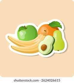 Stylized illustration featuring a variety of fruits including bananas, an avocado and an apple