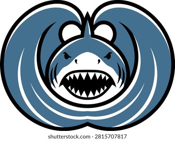 Stylized illustration of a fierce creature with exaggerated features and swirling waves