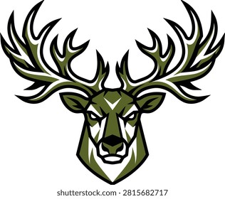 Stylized illustration of a fierce deer head with intricate antlers in green tones