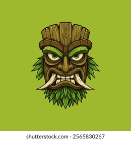 A stylized illustration of a fierce wooden tiki mask with green leaves and prominent fangs.