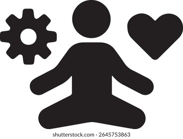 Uma ilustração estilizada de uma figura em uma pose meditativa. Ao lado da figura há uma engrenagem e um coração, representando equilíbrio e harmonia.
