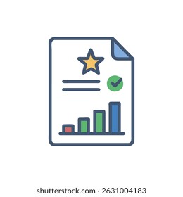 Stylized illustration of financial report document icon with bar graph, check mark, and star. Depicts success and business growth.