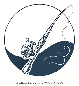 Ilustração estilizada de uma vara de pesca e carretel contra um fundo de água azul escuro, emoldurado por um círculo branco.