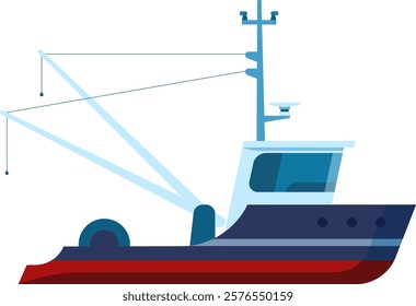 Stylized illustration of a fishing trawler featuring prominent rigging and equipment. The vessel showcases a streamlined design with a focus on functionality and maritime technology