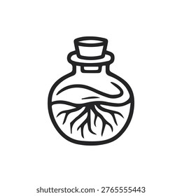 A stylized illustration of a flask with a cork stopper containing liquid and intricate roots. Represents natural growth, alchemy, or herbal remedies.