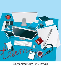 Stylized illustration of in flat design style. workplace creative team of designers, engineers, designers etc.