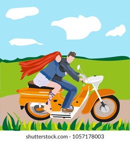 Stylized illustration in a flat style couple in love on a motorcycle.