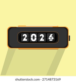 Una ilustración estilizada de un reloj o contador que muestra el año 2024, sobre un fondo verde claro con una sombra larga y contrastante, que simboliza la llegada del año nuevo.