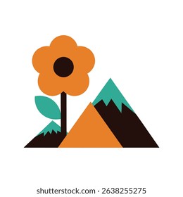 Stylized illustration of a flower growing near mountains.