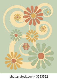 A stylized illustration of flowers on a green background, reminiscent of 1960s-70s pop art.