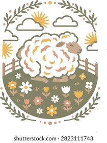A stylized illustration of a fluffy sheep sitting in a green meadow surrounded by colorful flowers and a wooden fence.