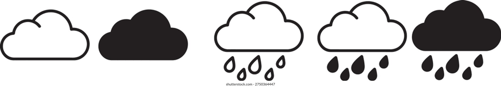 Stylized illustration of a fluffy white cloud with a thick black outline releasing multiple teardrop shaped raindrops in a downward motion representing precipitation and inclement weather conditions