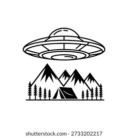 Una ilustración estilizada de un platillo volador que se cierne sobre una cordillera con una tienda de campaña y árboles debajo.