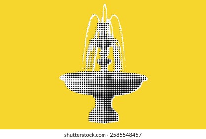 A stylized illustration of a fountain with water spouting from the top, set against a bright yellow background. The fountain is depicted in a dotted pattern, emphasizing its shape and design.