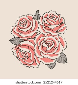 Stylized illustration of four blooming roses, featuring pink and white petals outlined in black with gray-shaded leaves against a light beige background. Grafic design element in five colors.